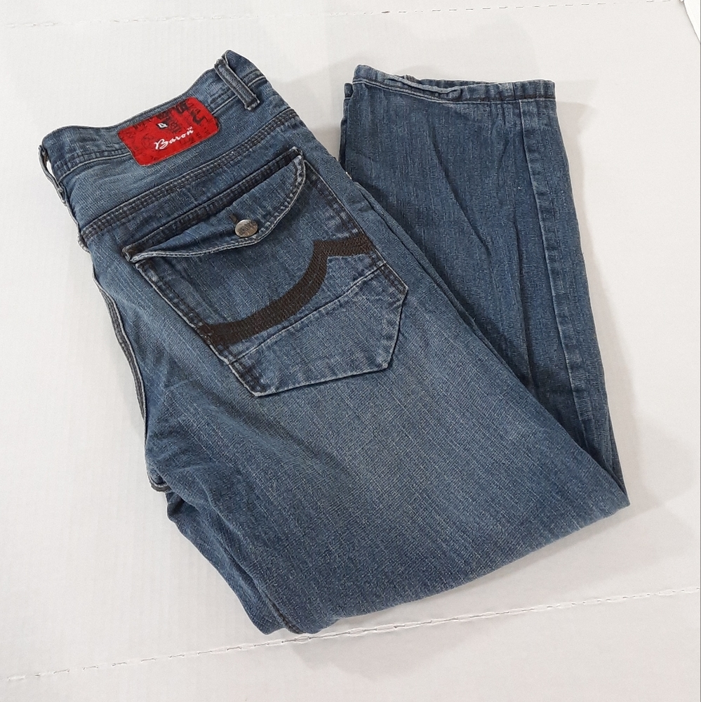 Baron Jeans Medium Wash Straight Leg Large Utility Pockets Mens Actual Size 35